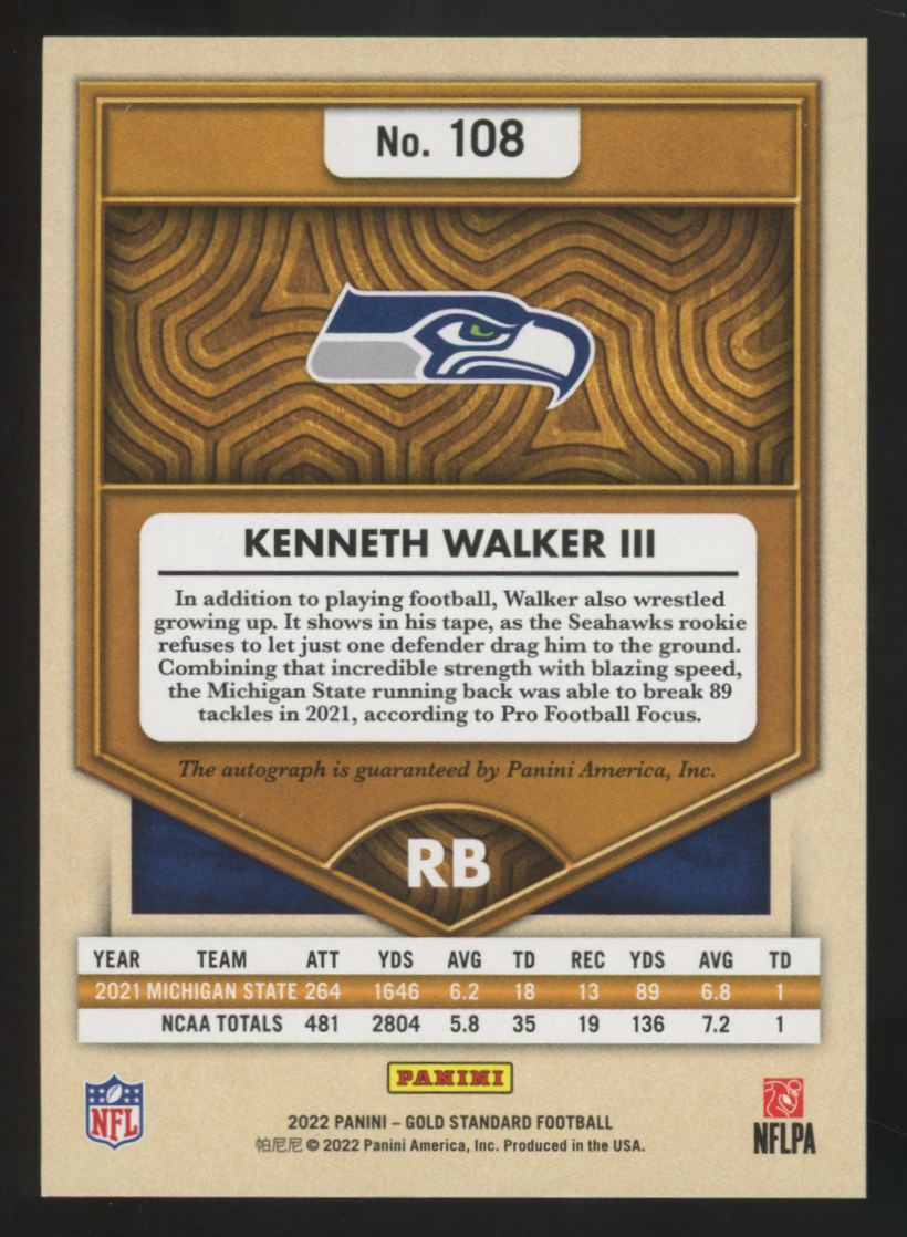 2022 Panini Gold Standard Kenneth Walker III RC Auto /99 #108