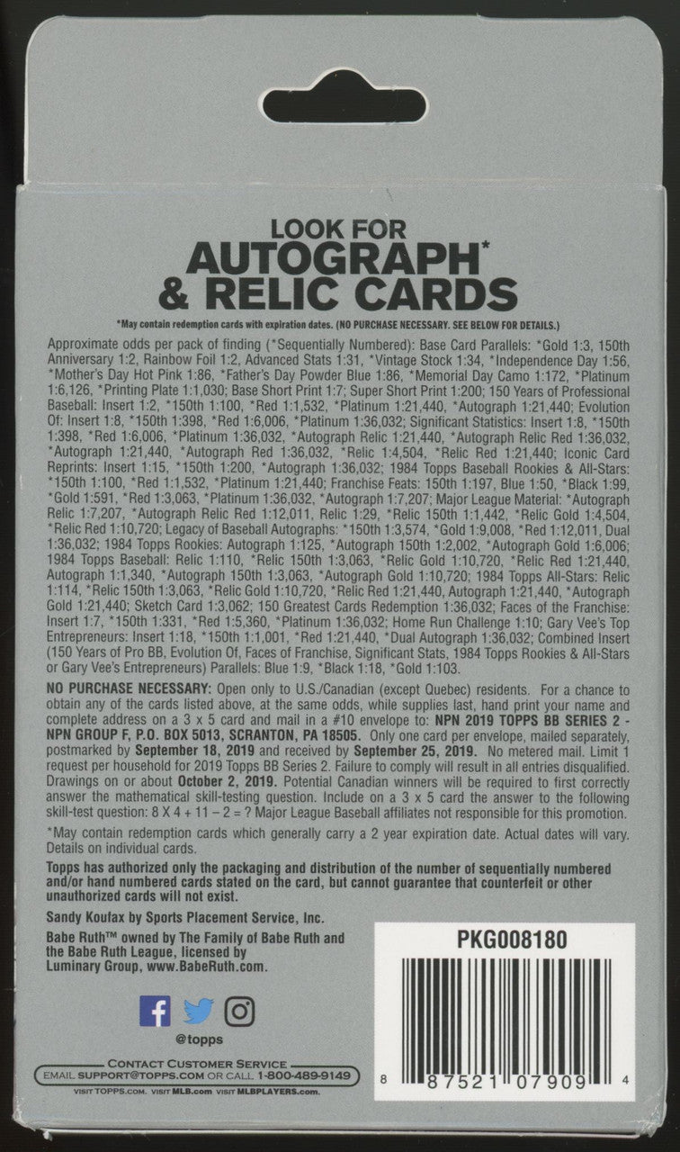2019 Topps Baseball Series 2 Hanger Box Factory Sealed
