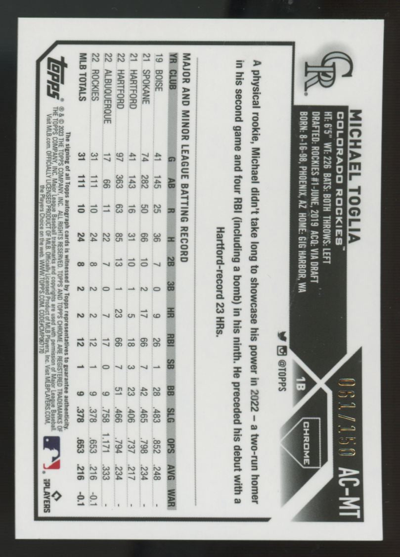 2023 Topps Chrome Michael Toglia RC Blue Raywave Auto /150 #AC-MT