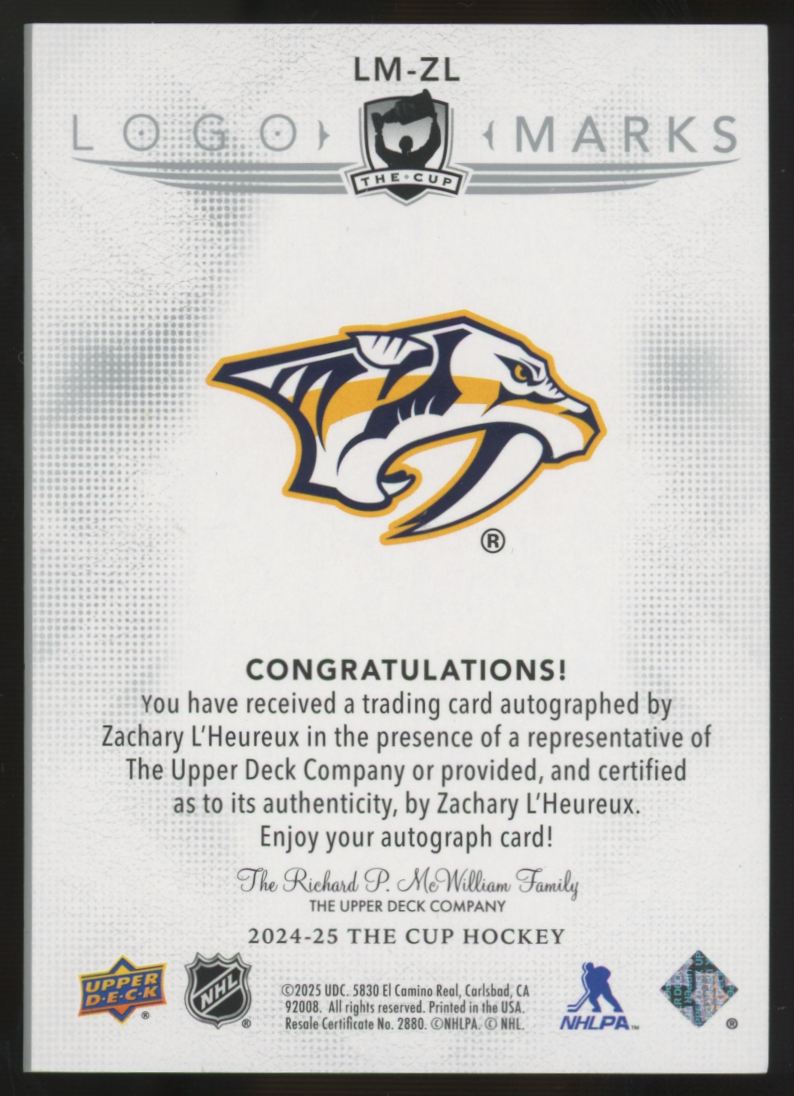 2024-25 Upper Deck The Cup Zachary L'Heureux RC Logo Marks Auto #LM-ZL
