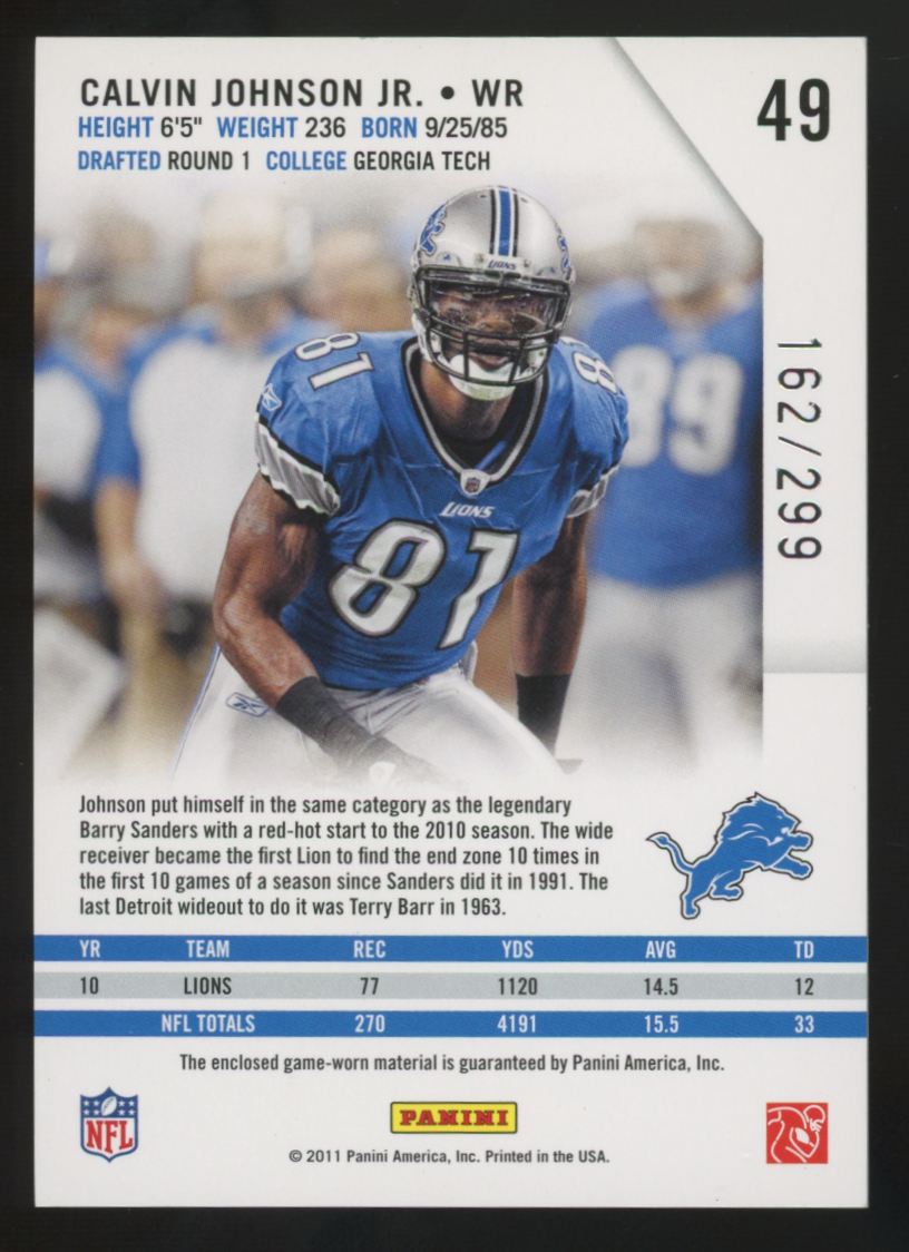 2011 Rookies & Stars Calvin Johnson Jr.  Red Longevity Patch /299 #49