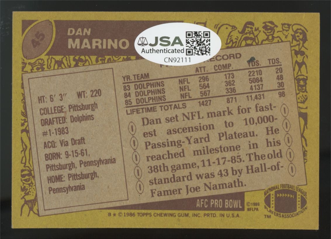 1986 Topps Dan Marino Signed Autograph #45 JSA Authentic