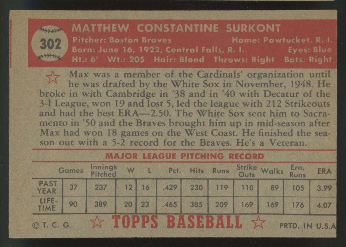 1952 Topps Max Surkont RC #302 VG-VG/EX