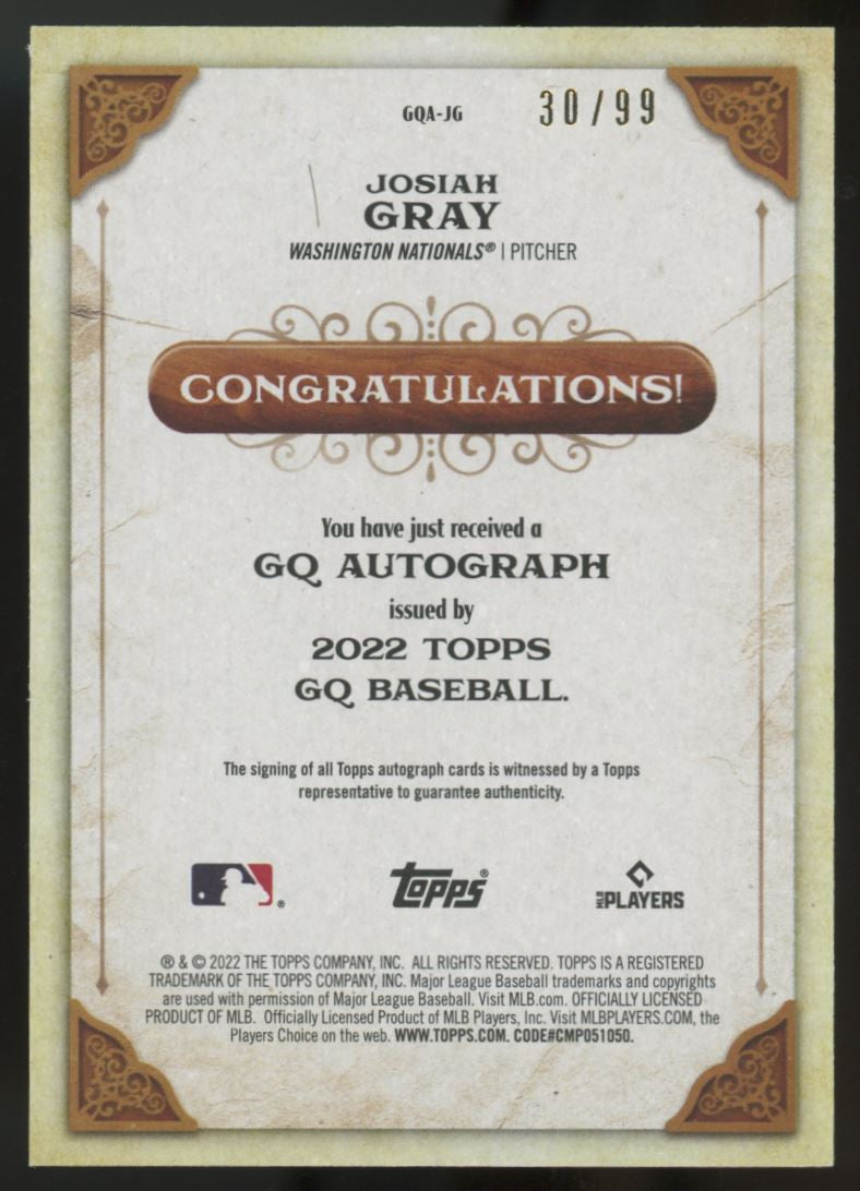 2022 Gypsy Queen Josiah Gray RC Auto Blue /99 #GQA-JG