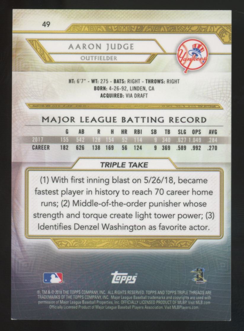2018 Topps Triple Threads Aaron Judge Gold /99 #49