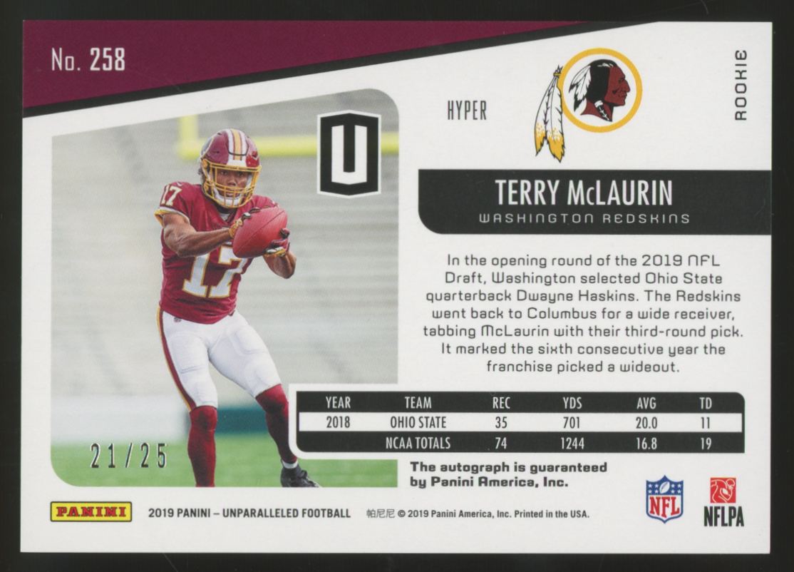 2019 Panini Unparalleled Terry McLaurin RC Hyper Auto /25 #258