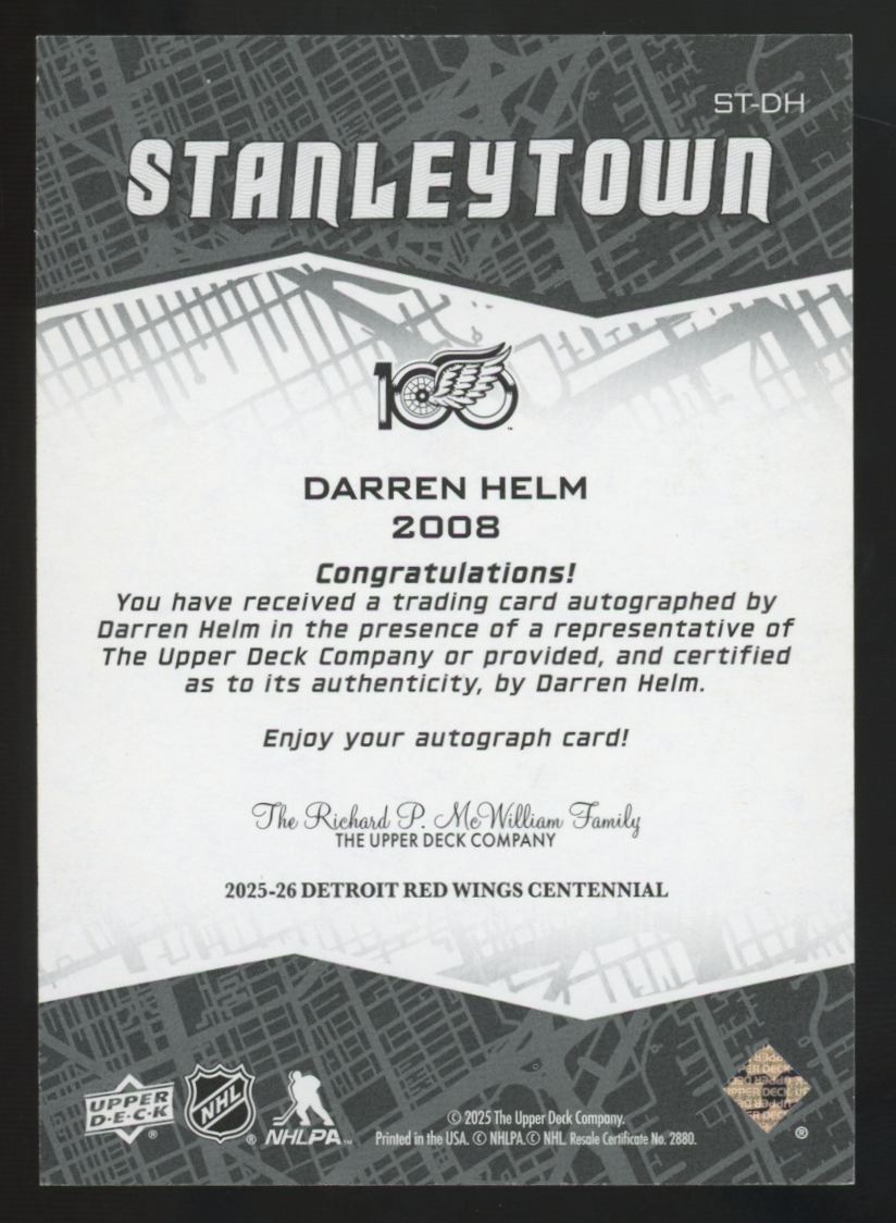 2025-26 UD Detroit Red Wings Centennial Darren Helm Stanley Town Auto #ST-DH