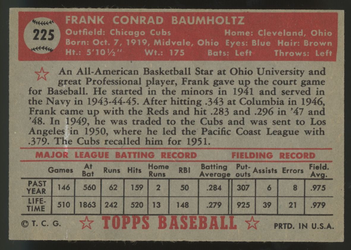 1952 Topps Frank Baumholtz #225 EX+