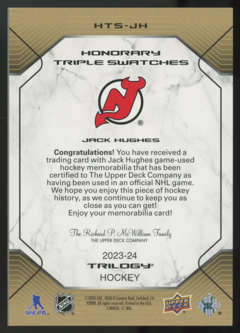 2023-24 Upper Deck Trilogy Jack Hughes Honorary Triple Patch /25 #HTS-JH