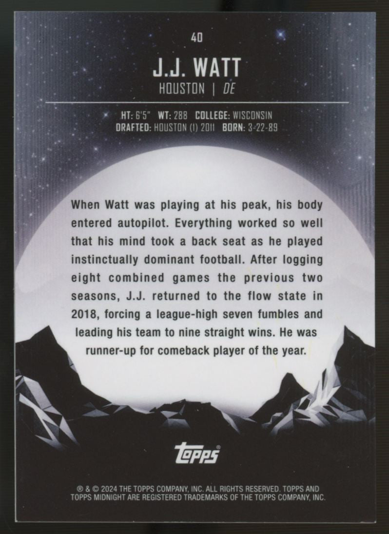 2024 Topps Midnight J.J. Watt Midnight Daybreak Refractor Gold /5 #40