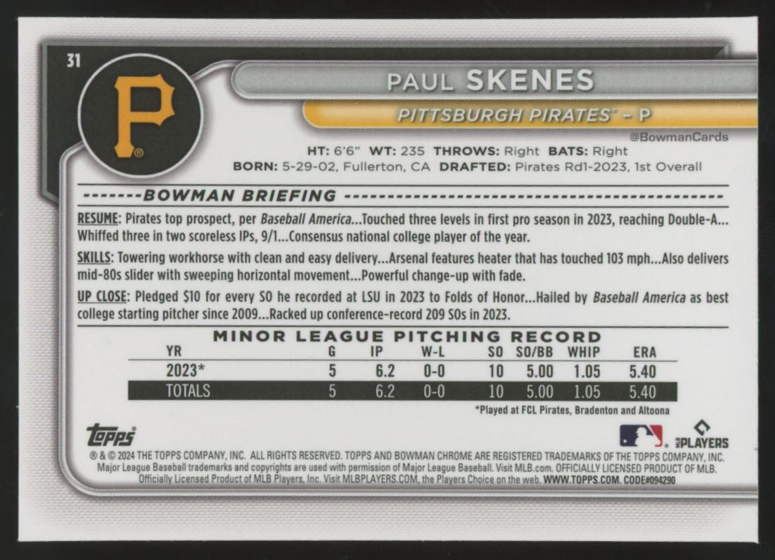2024 Bowman Chrome Mega Paul Skenes RC Mojo #31 "A"