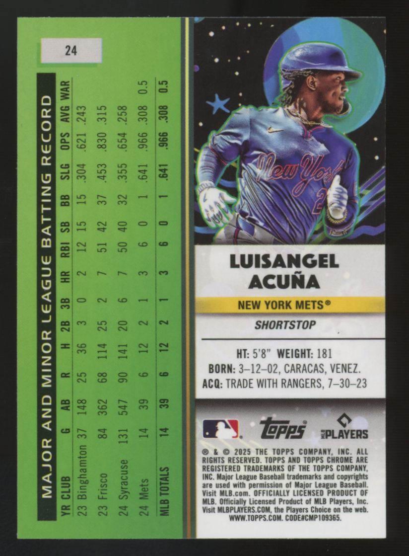 2025 Topps Chrome Cosmic Luisangel Acuna RC Blue Moon Refractor /99 #24