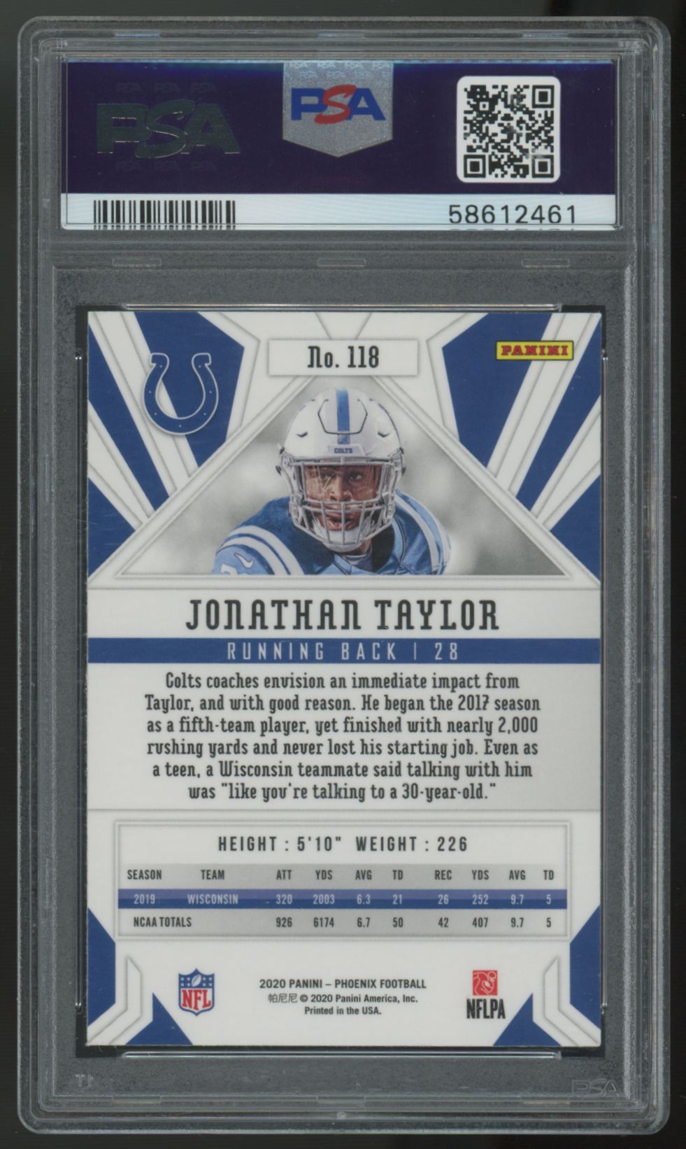 2020 Panini Phoenix Jonathan Taylor RC Fire Burst #118 PSA 9