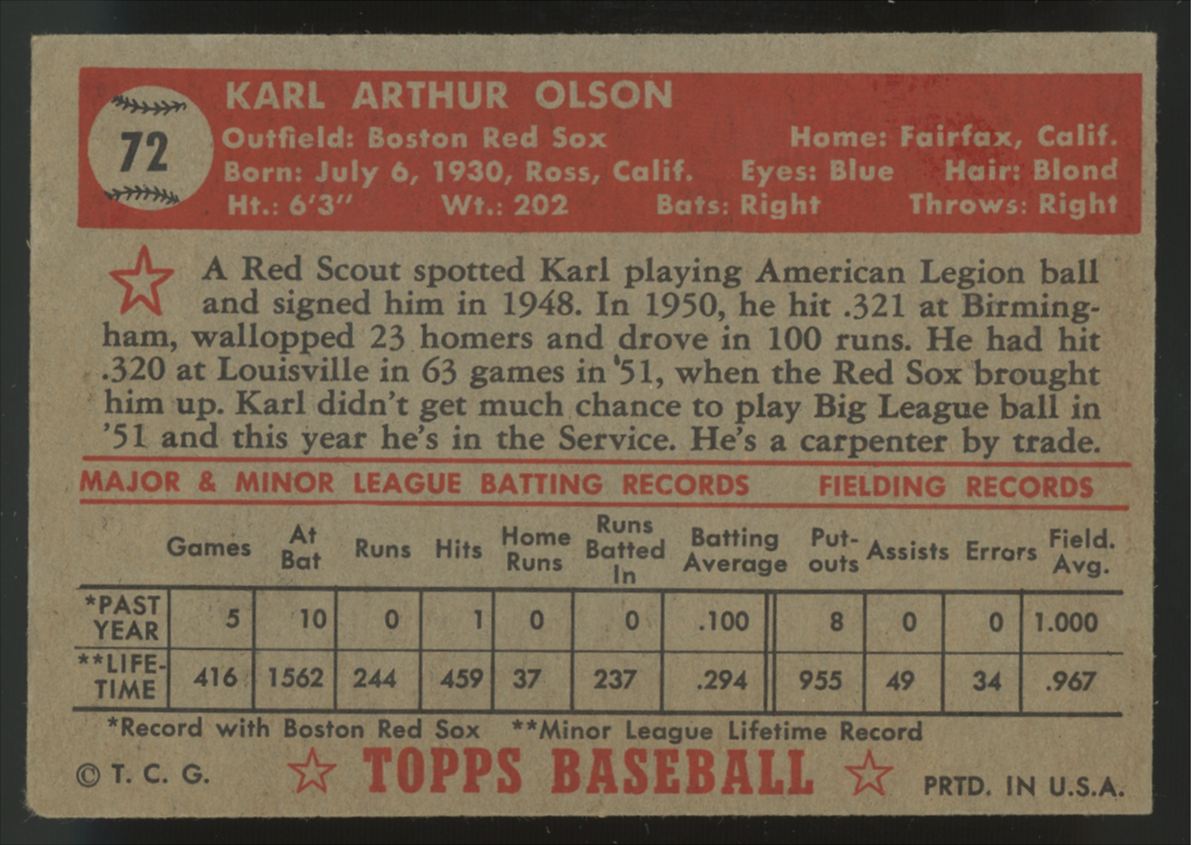 1952 Topps Karl Olson RC #72 VG