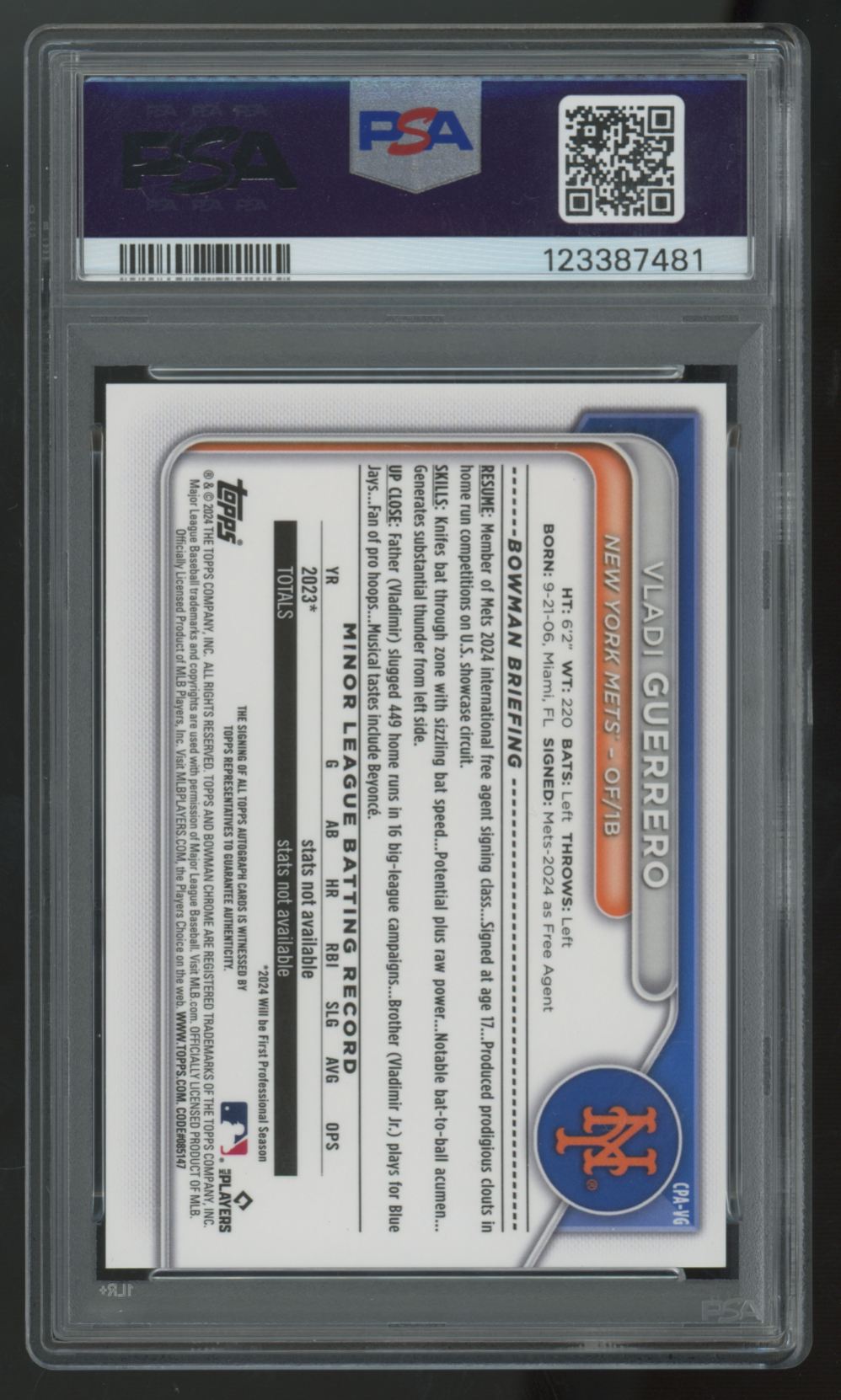 2024 Bowman Chrome Vladi Guerrero 1st Prospect HTA Choice Auto /150 PSA 9
