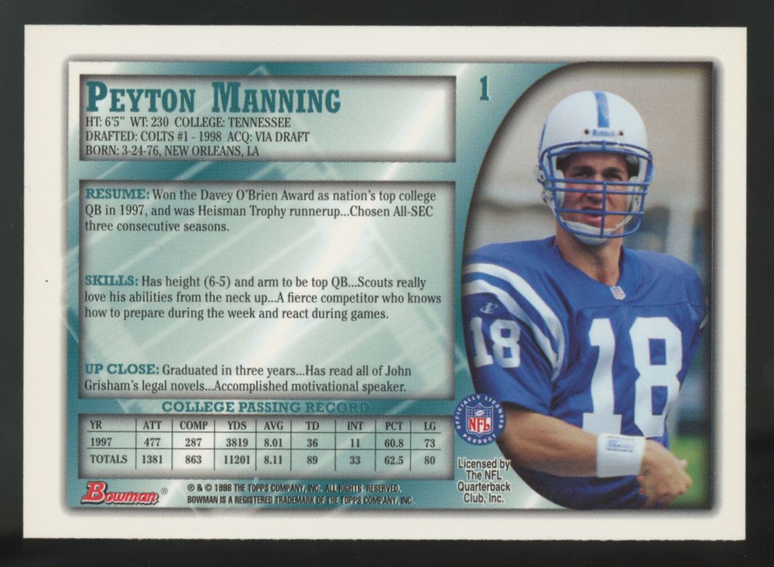 1998 Bowman Peyton Manning RC #1 "A"
