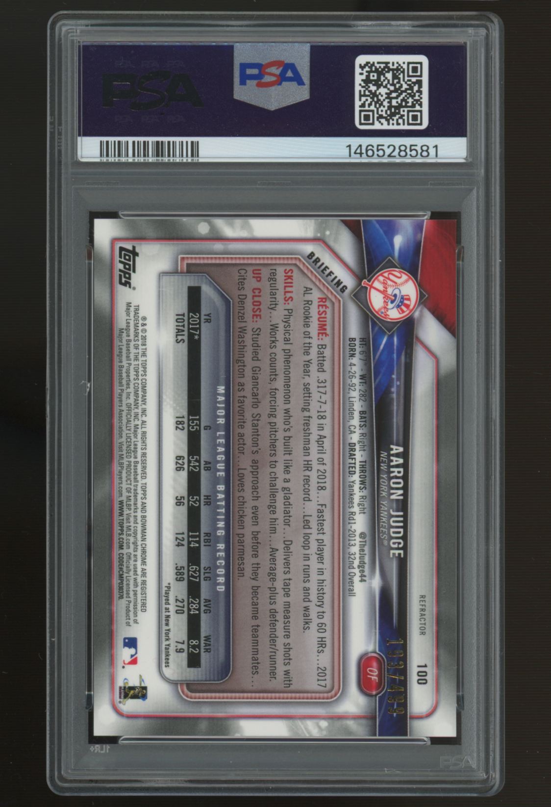 2018 Bowman Chrome Aaron Judge Refractor /499 #100 PSA 10