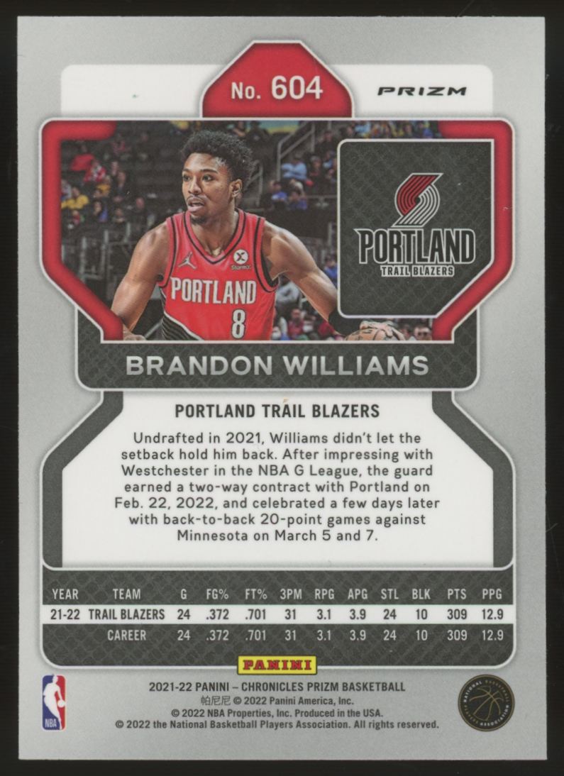 2021-22 Chronicles Prizm Update Brandon Williams RC Silver #604