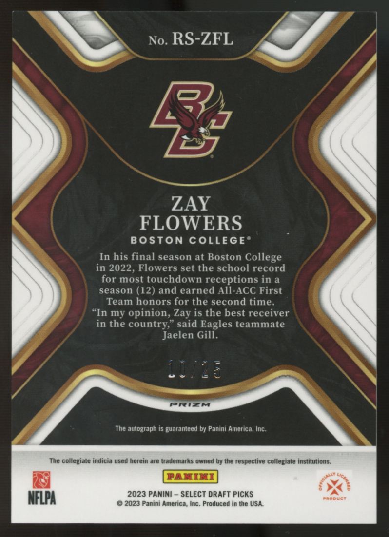 2023 Panini Select Draft Picks Zay Flowers RC Signatures Gold Lazer Auto /25