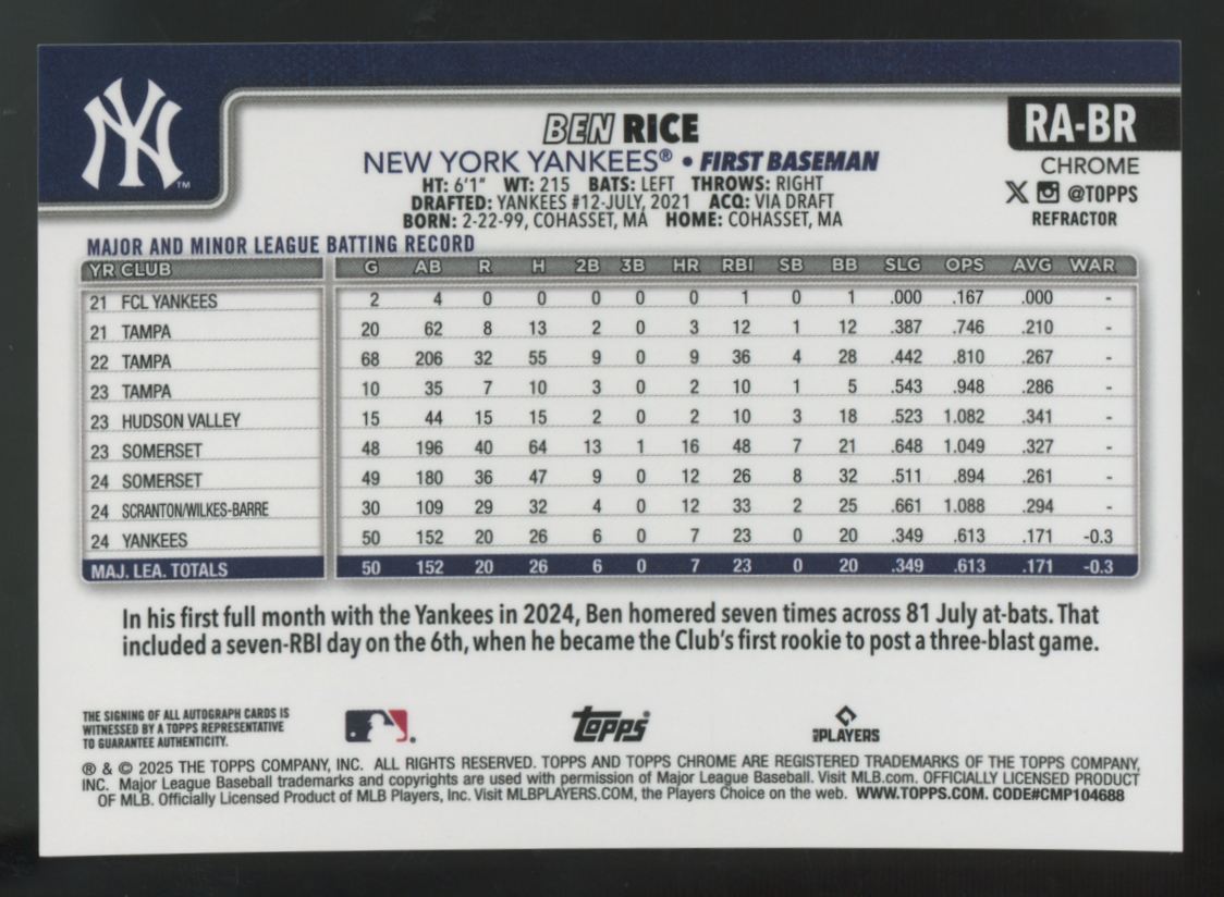 2025 Topps Chrome Ben Rice RC Refractor Auto /499 #RA-BR