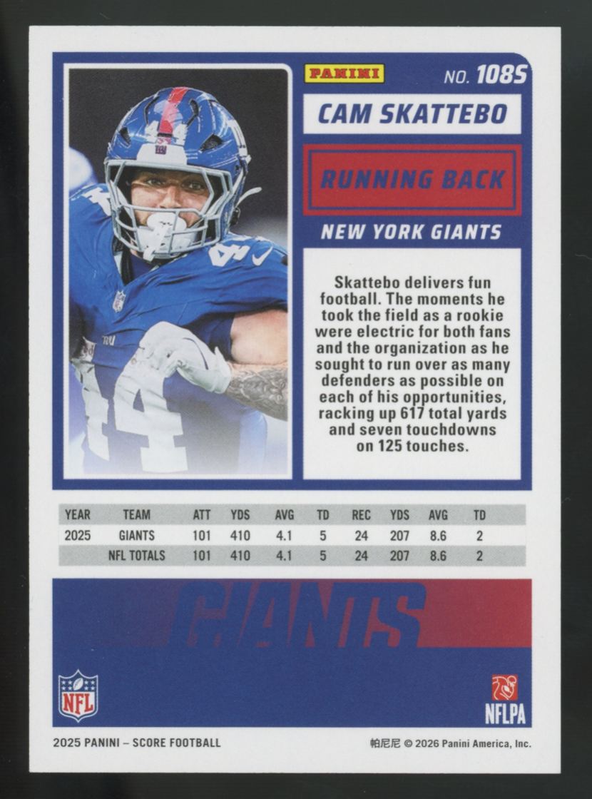 2025 Panini Score Cam Skattebo RC Teal /25 #108S