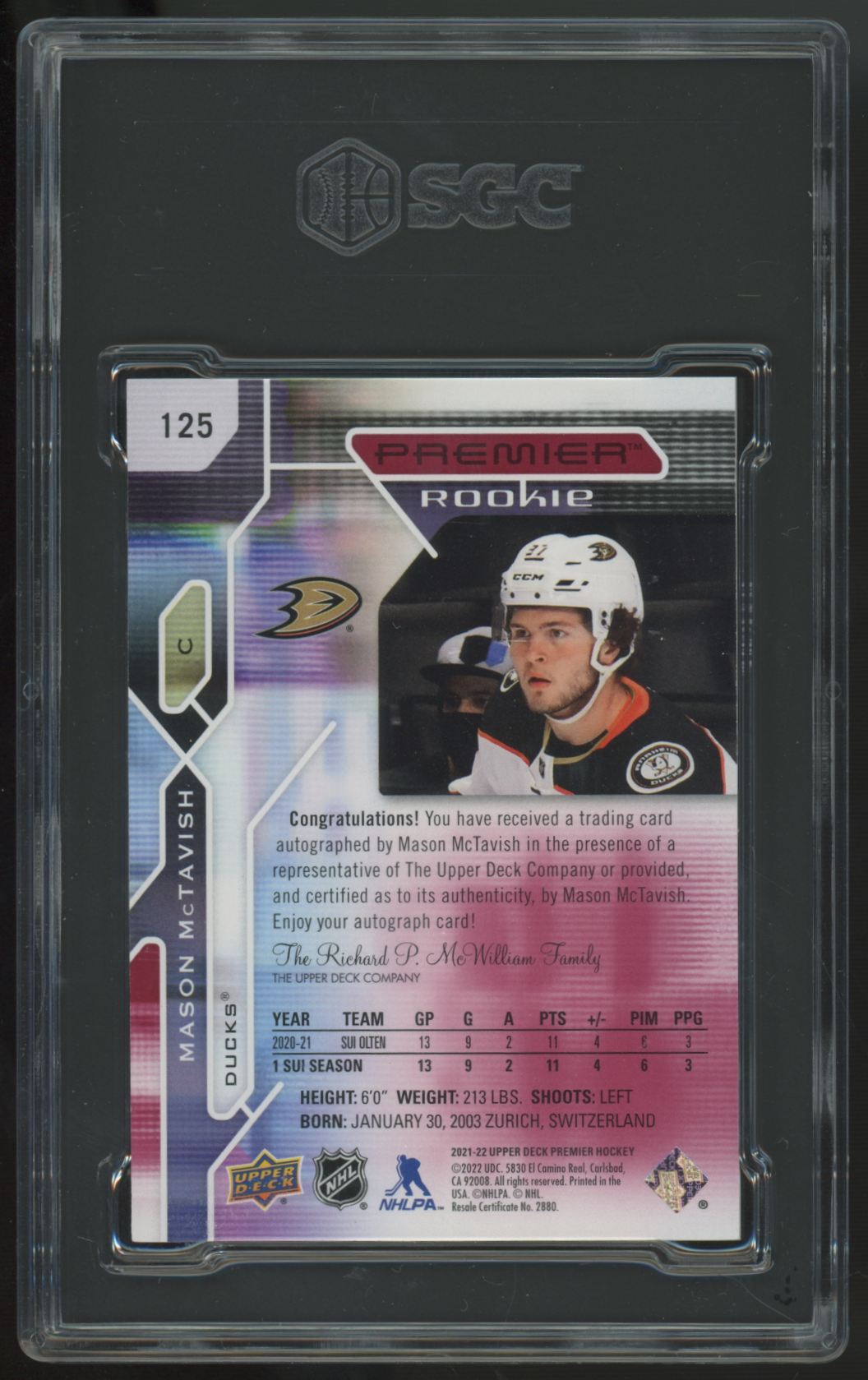 2021-22 Upper Deck Premier Mason McTavish RC Premier Auto #125 SGC 9.5 10