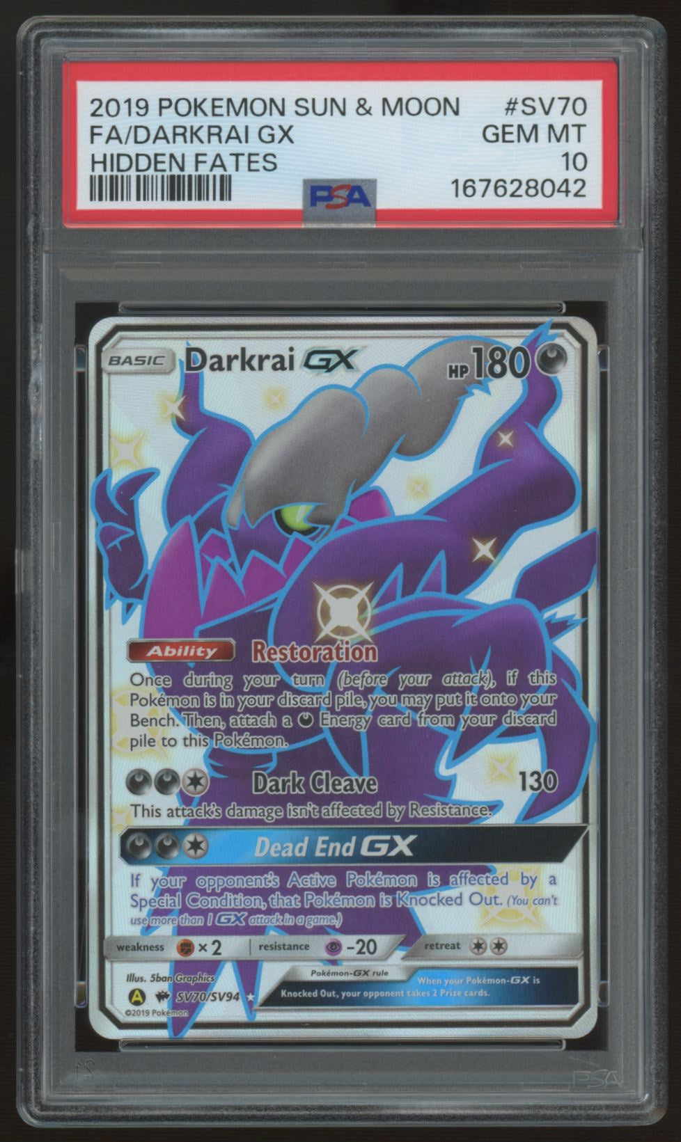 2019 Pokemon Darkrai GX Hidden Fates Shiny Full Art #SV70 PSA 10