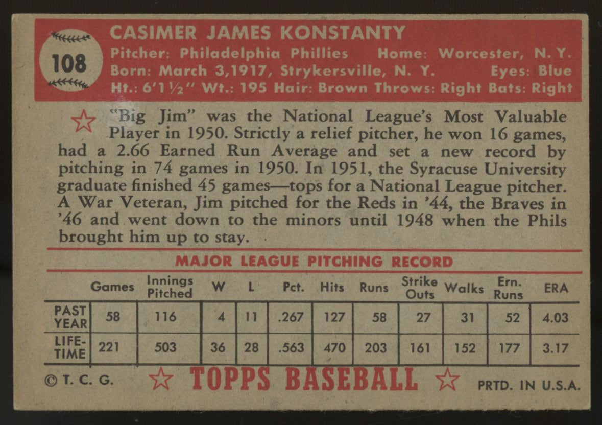 1952 Topps Jim Konstanty #108 EX "A"