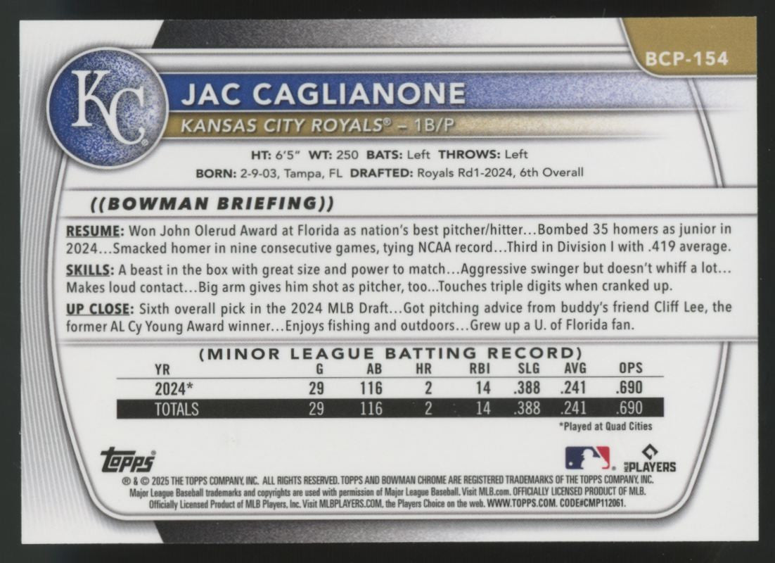 2025 Bowman Chrome Jac Caglianone Prospect Green Wave /99 #BCP-154