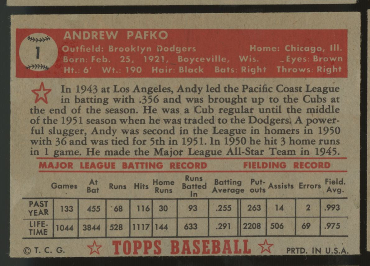 1952 Topps Andy Pafko #1 Good Red Back