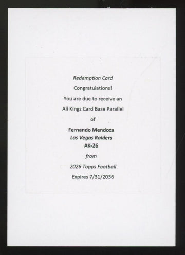 2026 Topps Fernando Mendoza RC All Kings SSP #AK-26 Redemption