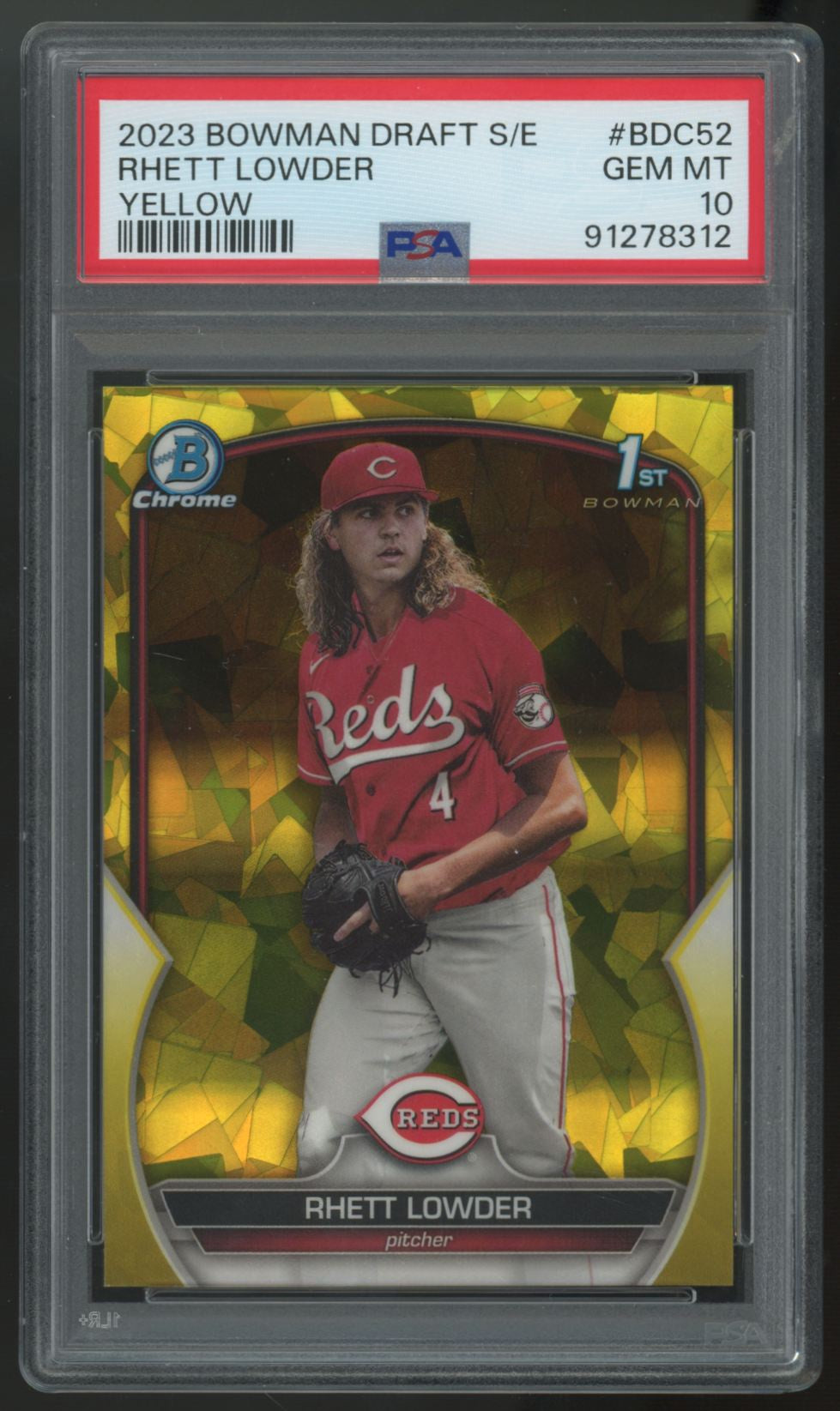 2023 Bowman Draft Sapphire Rhett Lowder 1st Yellow Chrome /75 #BDC-52 PSA 10