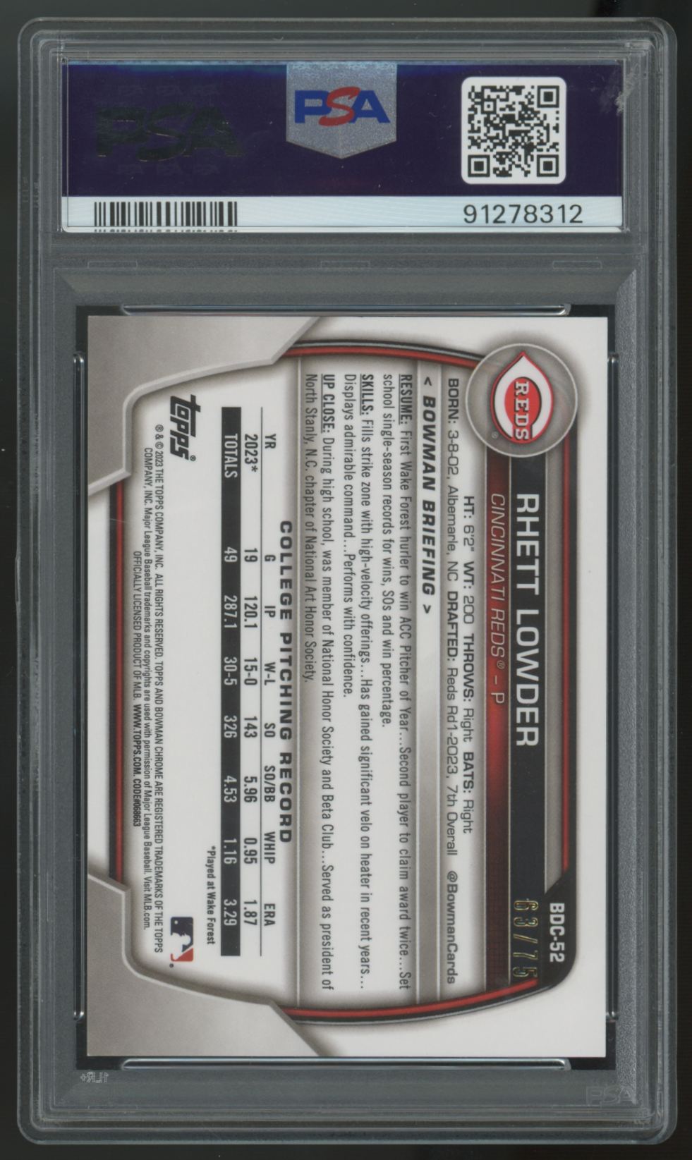 2023 Bowman Draft Sapphire Rhett Lowder 1st Yellow Chrome /75 #BDC-52 PSA 10