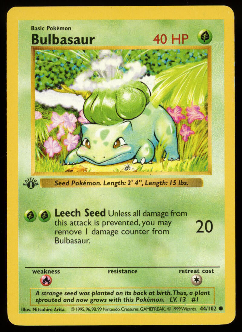 1999 Pokemon Shadowless Bulbasaur Base Set 1st Edition Holofoil LP 44/102