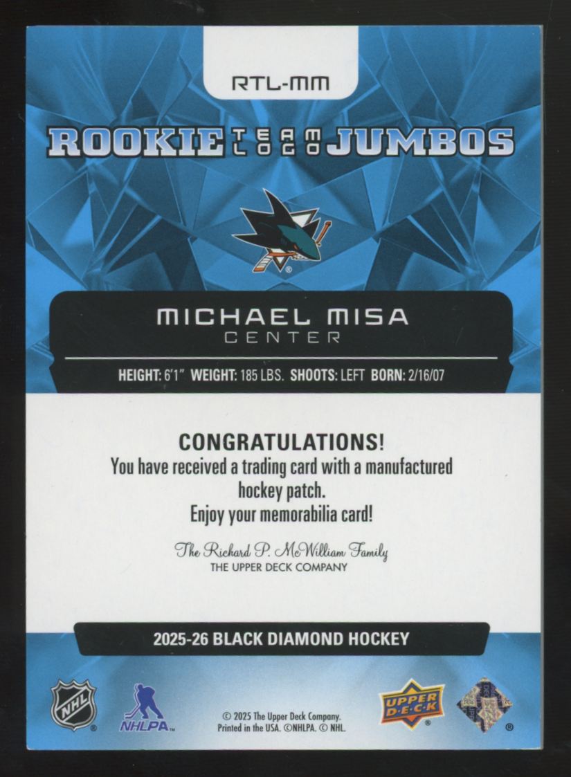 2025-26 UD Black Diamond Michael Misa RC Team Logo Jumbo Manufactured Patch