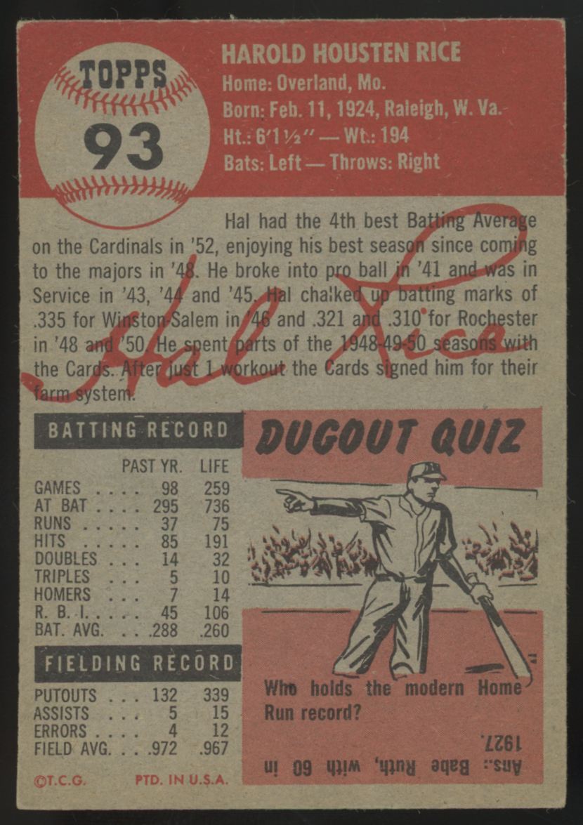 1953 Topps Hal Rice #93 EX/MT