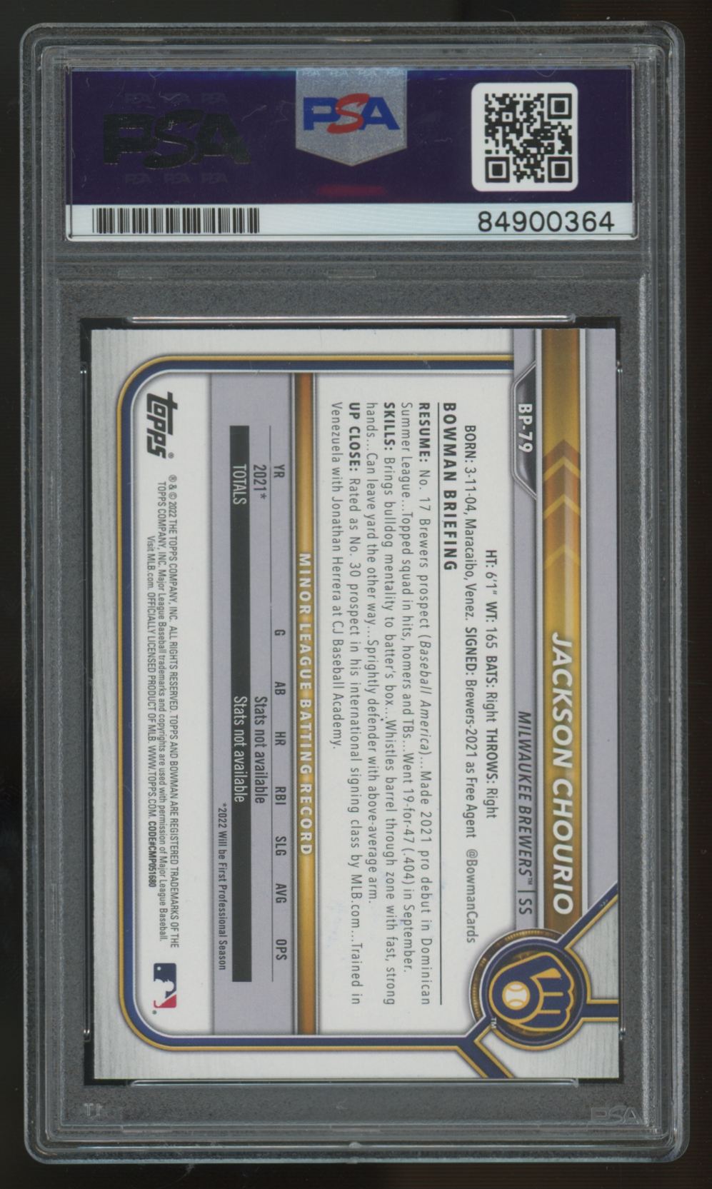 2022 Bowman Jackson Chourio 1st Prospect Signed IP Auto #BP-79 PSA Authentic