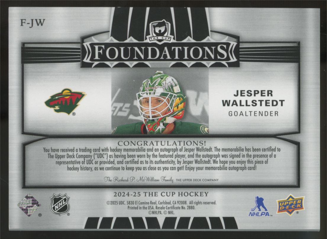 2024-25 Upper Deck The Cup Jesper Wallstedt Foundations Quad Tag Patch Auto 1/1