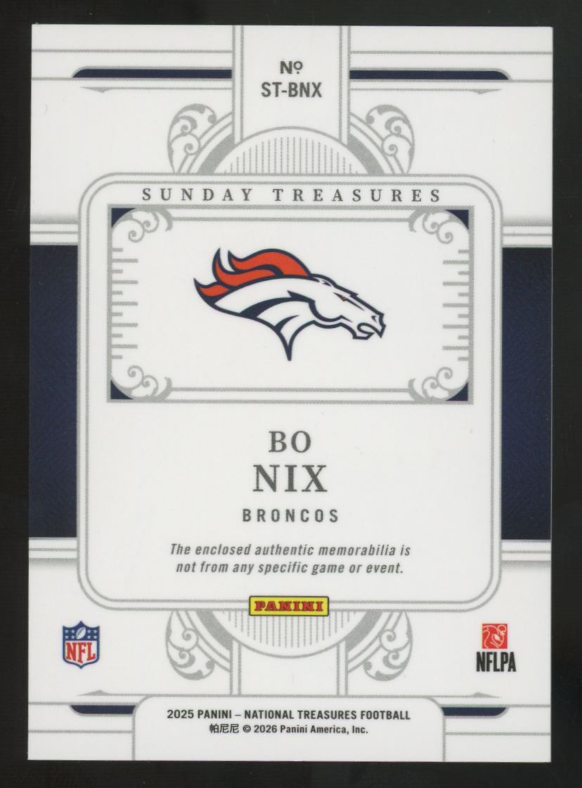 2025 National Treasures Bo Nix Sunday Treasures Dual Patch /99 #ST-BNX