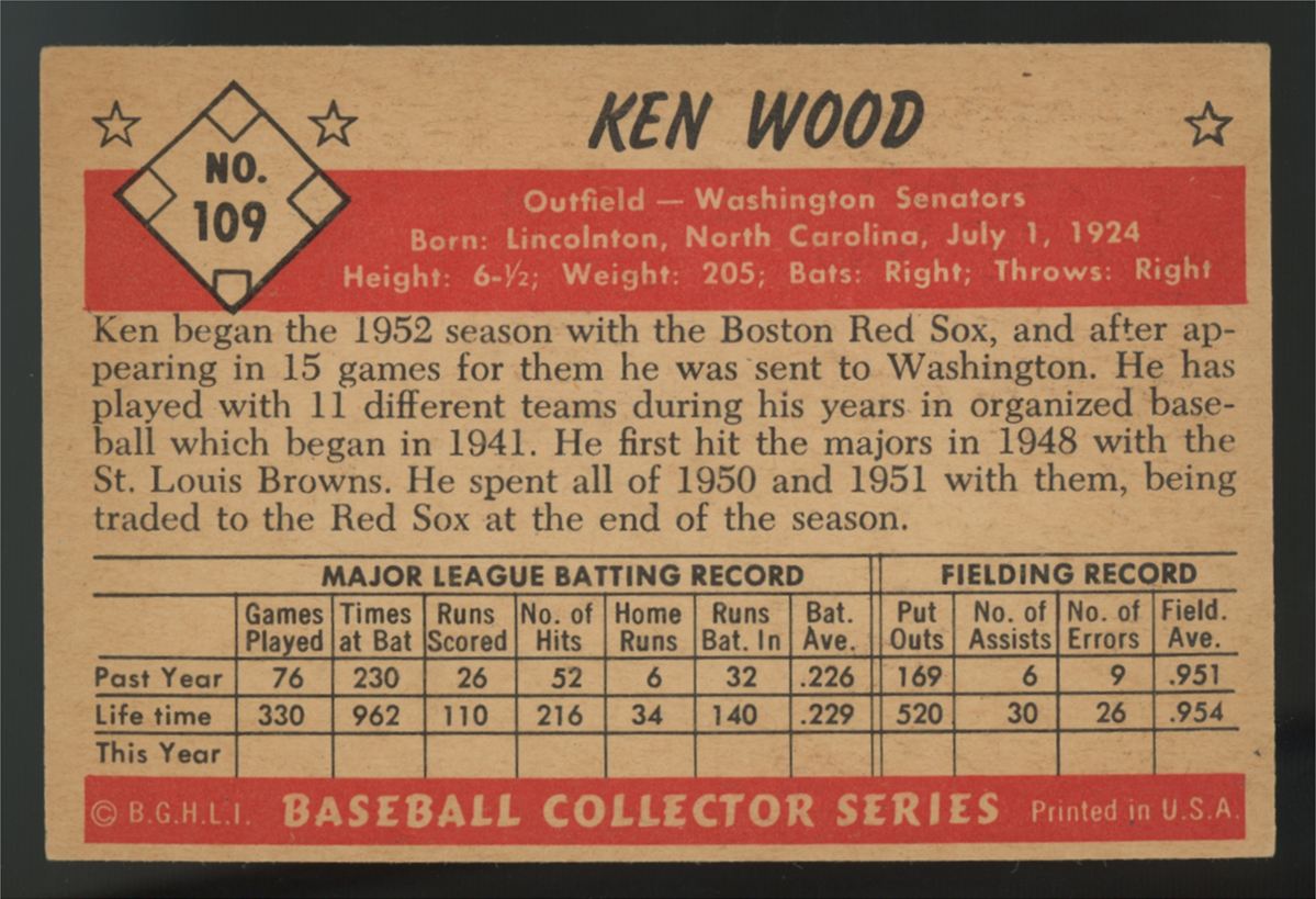 1953 Bowman Color Ken Wood #109 VG/EX