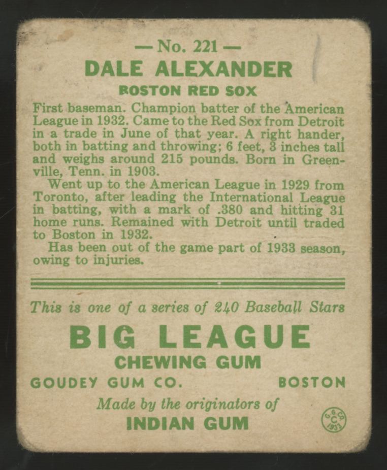 1933 Goudey Dale Alexander #221 Poor