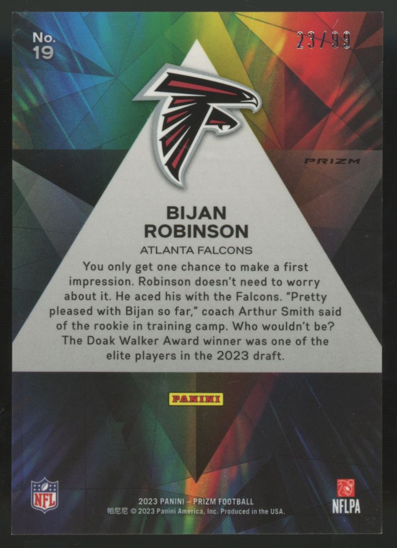 2023 Panini Prizm Bijan Robinson RC Prizmatic Blue Ice /99 #19