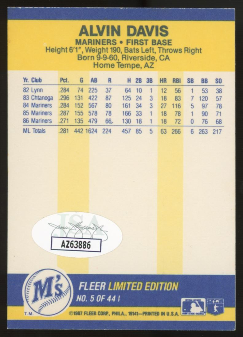 1987 Fleer Limited Edition Alvin Davis #5 Signed Auto JSA
