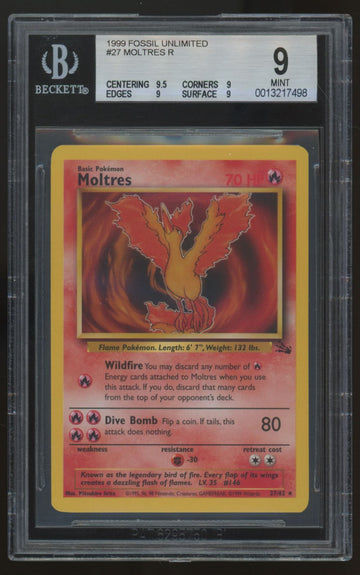 1999 Pokemon Moltres Unlimited Fossil Non-Holo #27 BGS 9