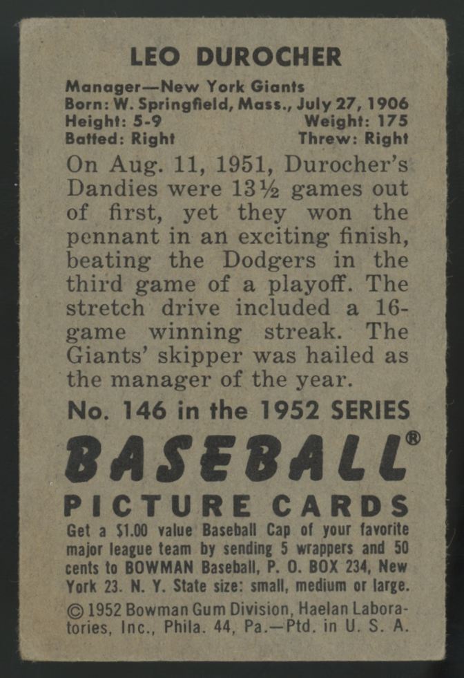 1952 Bowman Leo Durocher Picture Card #146 VG