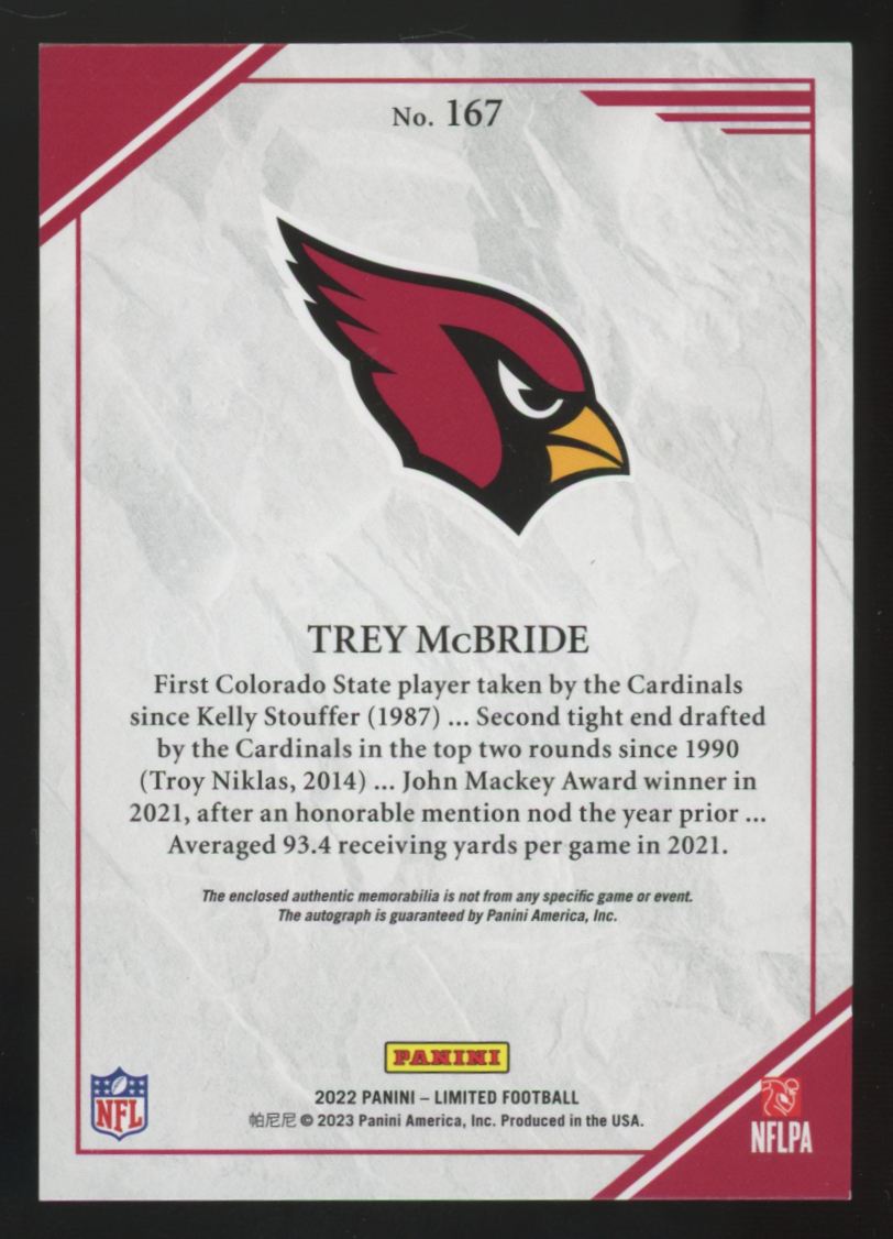 2022 Panini Limited Trey McBride RC Gold Spotlight Patch Auto RPA /49 #167