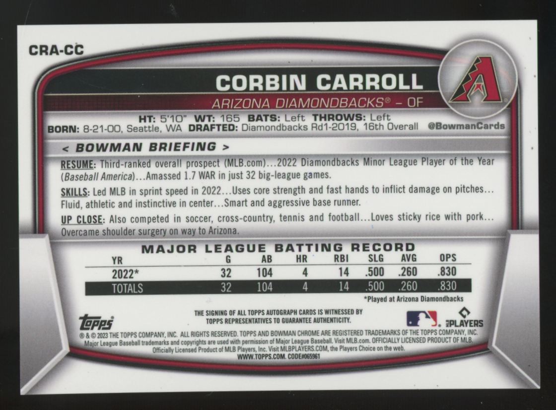 2023 Bowman Chrome Corbin Carroll RC Green Refractor Auto /99 #CRA-CC