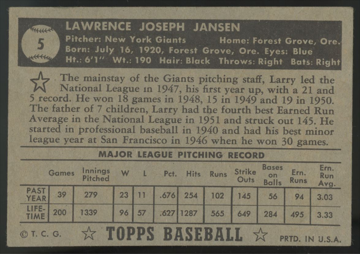 1952 Topps Larry Jansen Black Back #5 VG/EX