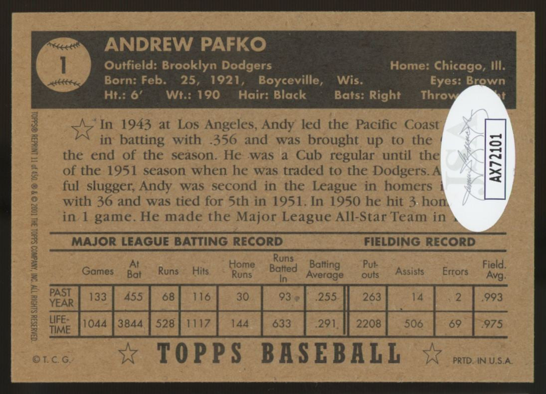 2001 Topps Archives Andy Pafko 1966 Reprint #1 Signed Autographed Card JSA