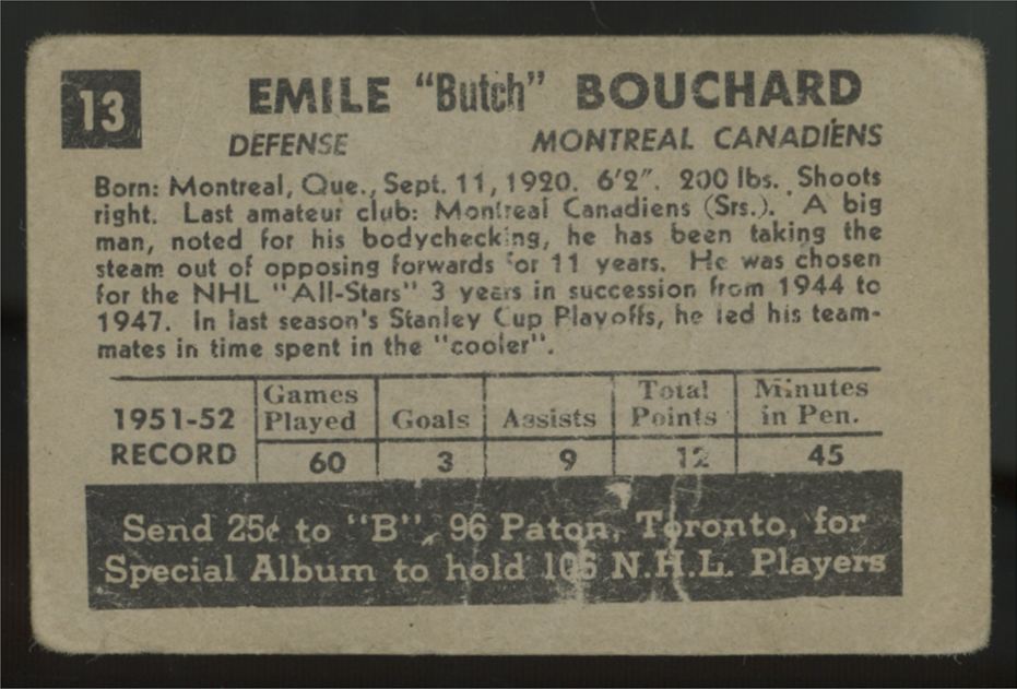1952-53 Parkhurst Emile "Butch" Bouchard #13 Poor